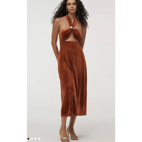 Anthropologie $168 FLAT WHITE VELVET HALTER DRESS size medium - Picture 2 of 7